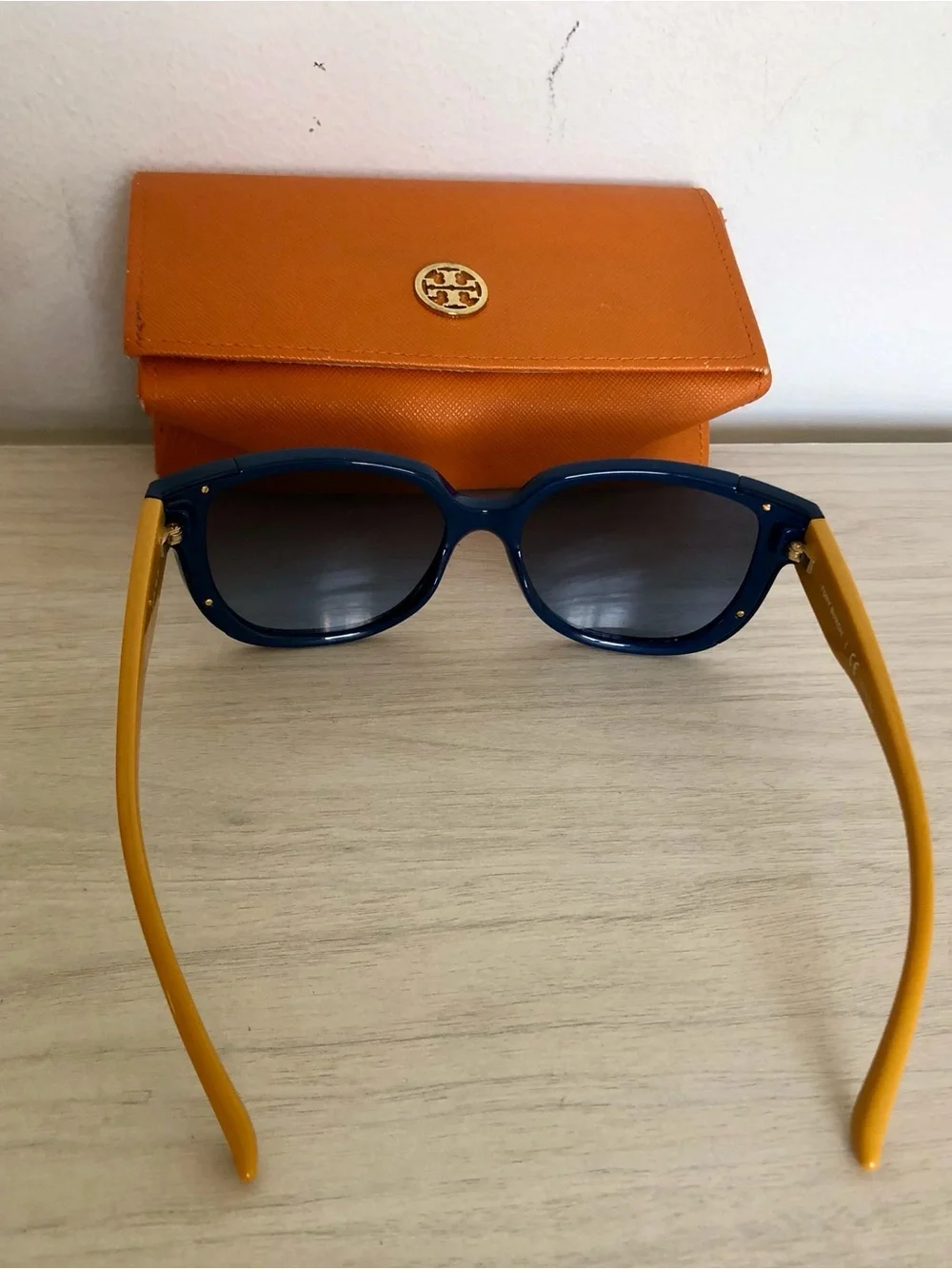 Tory Burch TY9023 Navy Blue Yellow Square Sunglasses w/ Orange Case